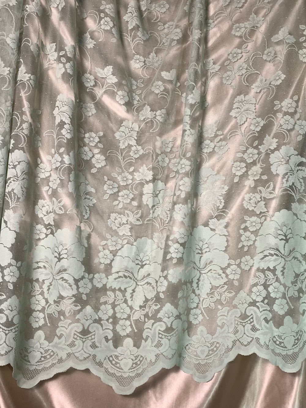 Vintage Mint Green Net Lace Window Curtain Panel Scalloped Edge Floral Victorian